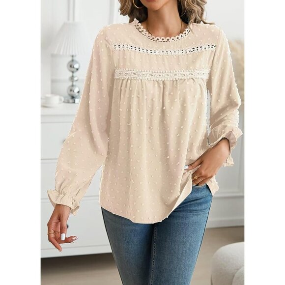Womens Boho Long Sleeve Shirt Polyester Casual Ruffle Crochet Swiss Dot Top - Picture 2 of 5